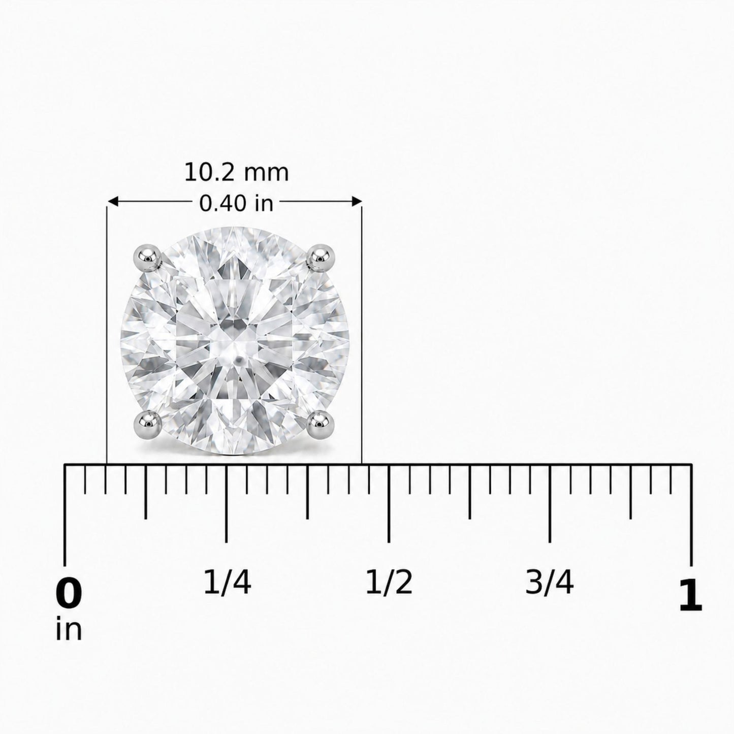 Close-up image of a single white metal round-shaped earring with a white gemstone in a four-prong setting shown on a scale.