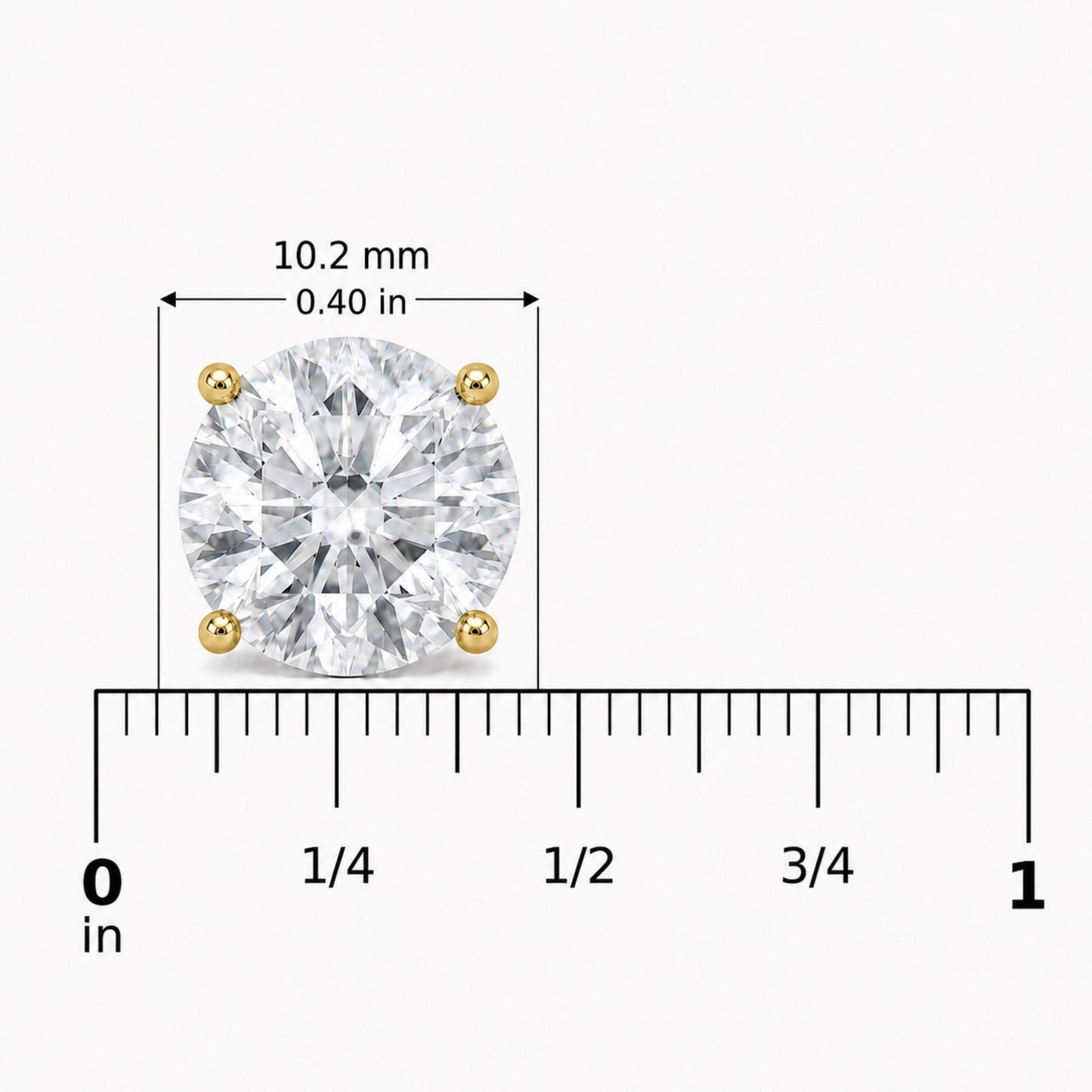 Close-up front view of a round white gemstone earring set in yellow metal with a 4-prong setting, shown on a scale with measurements in inches and millimeters.