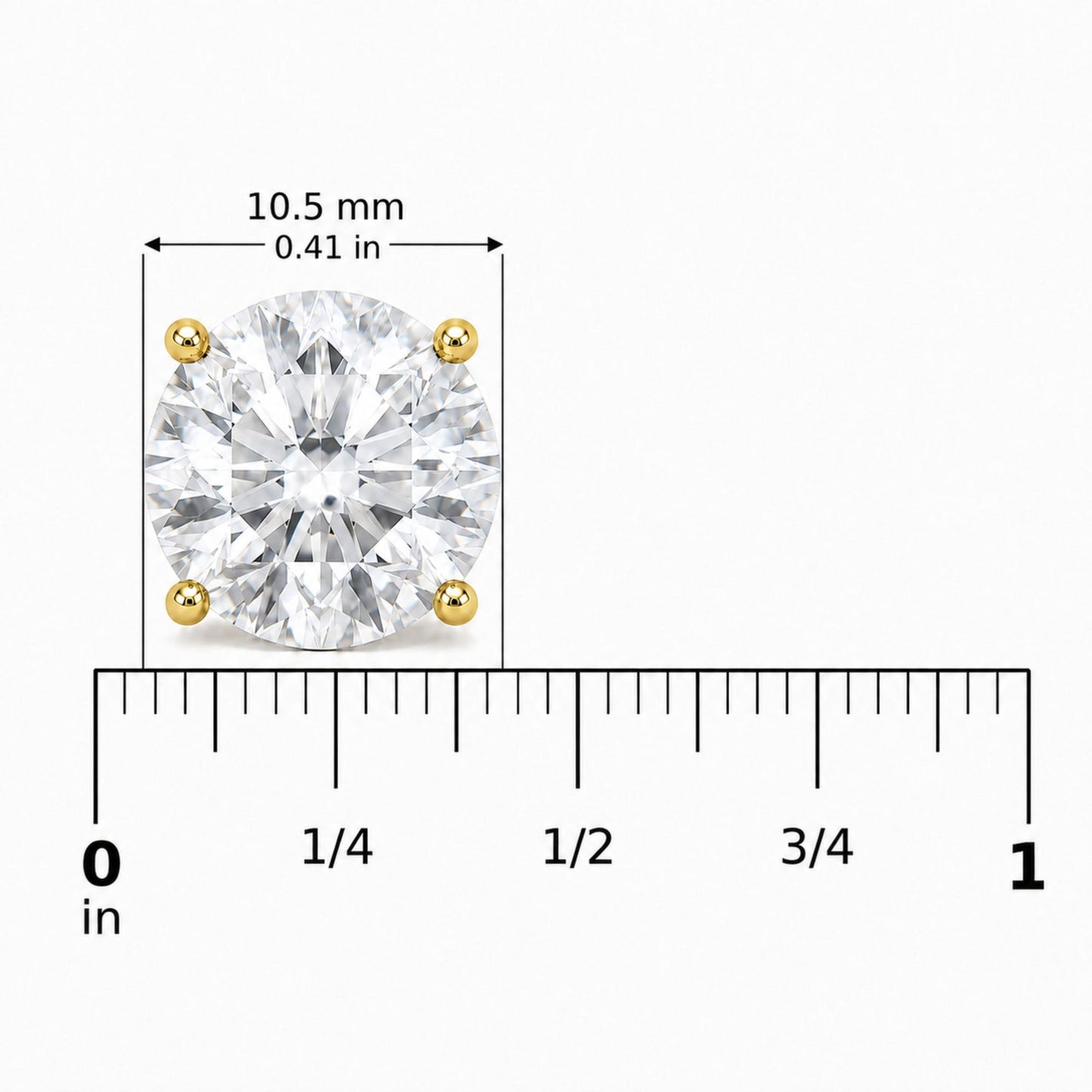 Close-up front view of a round white gemstone stud earring in a yellow metal four-prong setting, shown on a scale.
