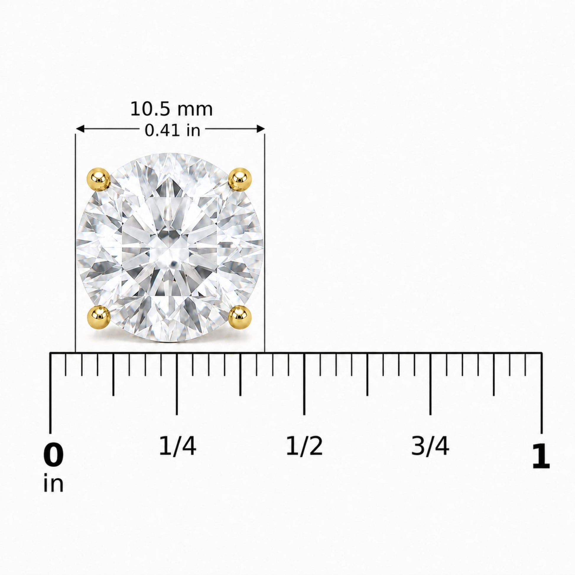 Close-up front view of a round white gemstone stud earring in a yellow metal four-prong setting, shown on a scale.