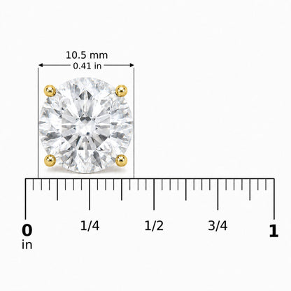 Close-up front view of a round white gemstone stud earring in a yellow metal four-prong setting, shown on a scale.