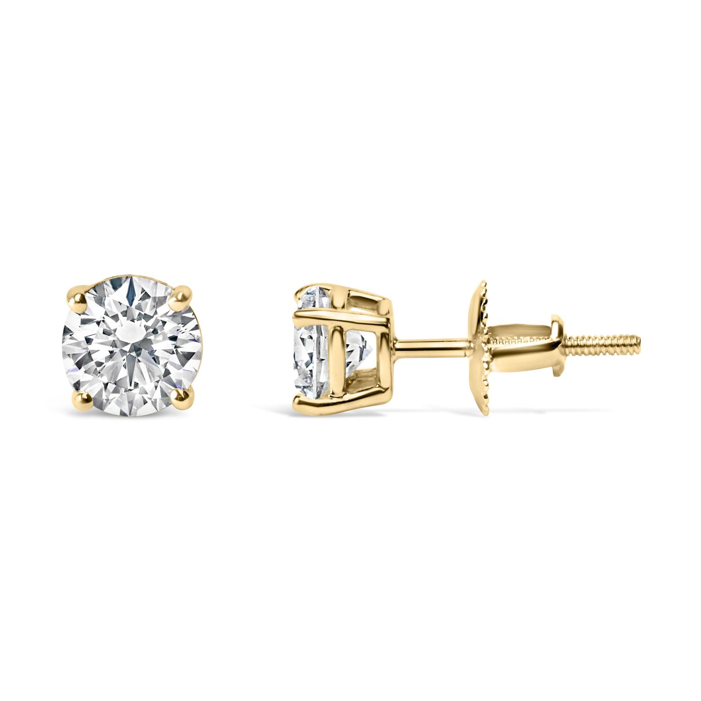 Close-up side and front view of a pair of yellow metal stud earrings each with a single round white gemstone in a four-prong setting, shown on a white background.