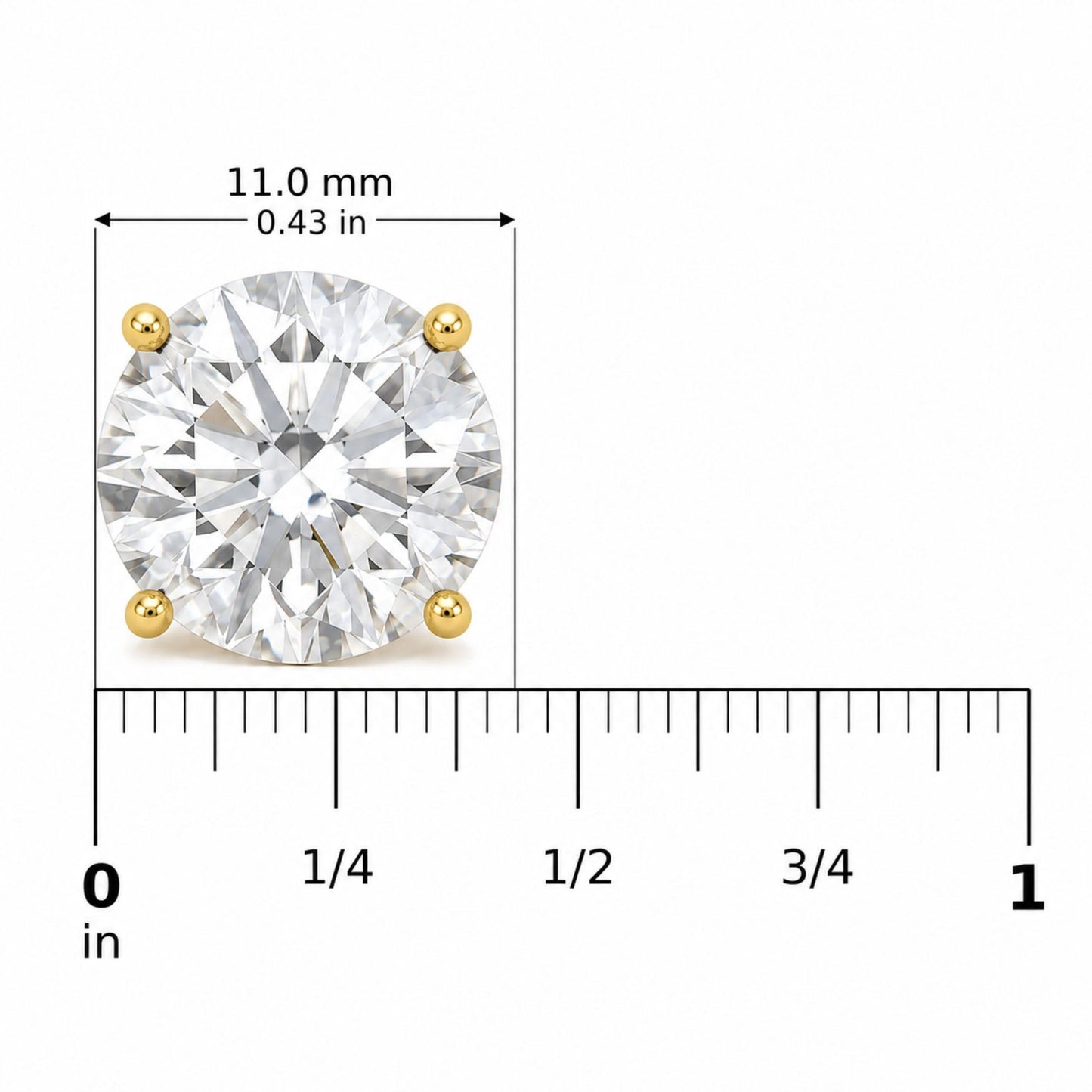 Close-up image of a single yellow metal round stud earring with a white round gemstone in a 4-prong setting, shown on a scale with measurements in millimeters and inches, front view.