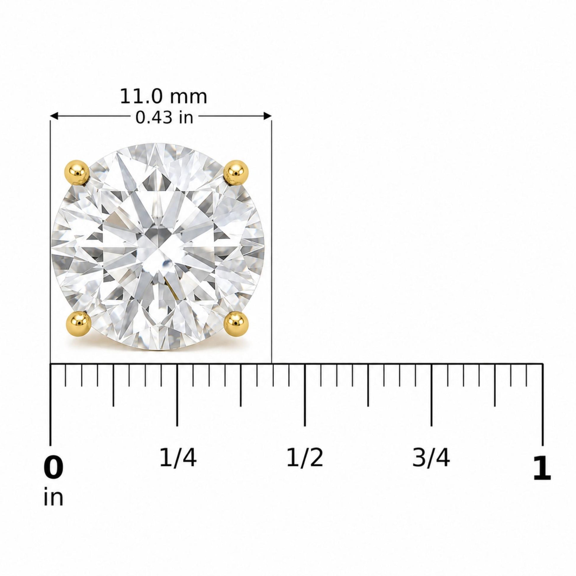 Close-up image of a single yellow metal round stud earring with a white round gemstone in a 4-prong setting, shown on a scale with measurements in millimeters and inches, front view.
