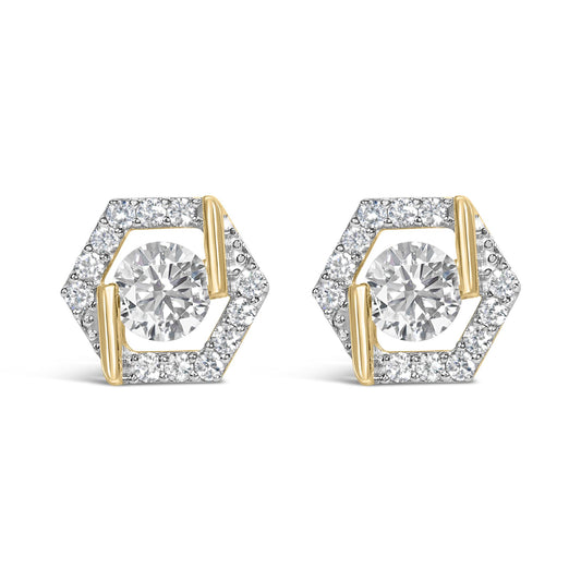 Front view of 10K yellow gold plated .925 sterling silver 1/4 Cttw diamond textured halo stud earrings with hexagonal halos