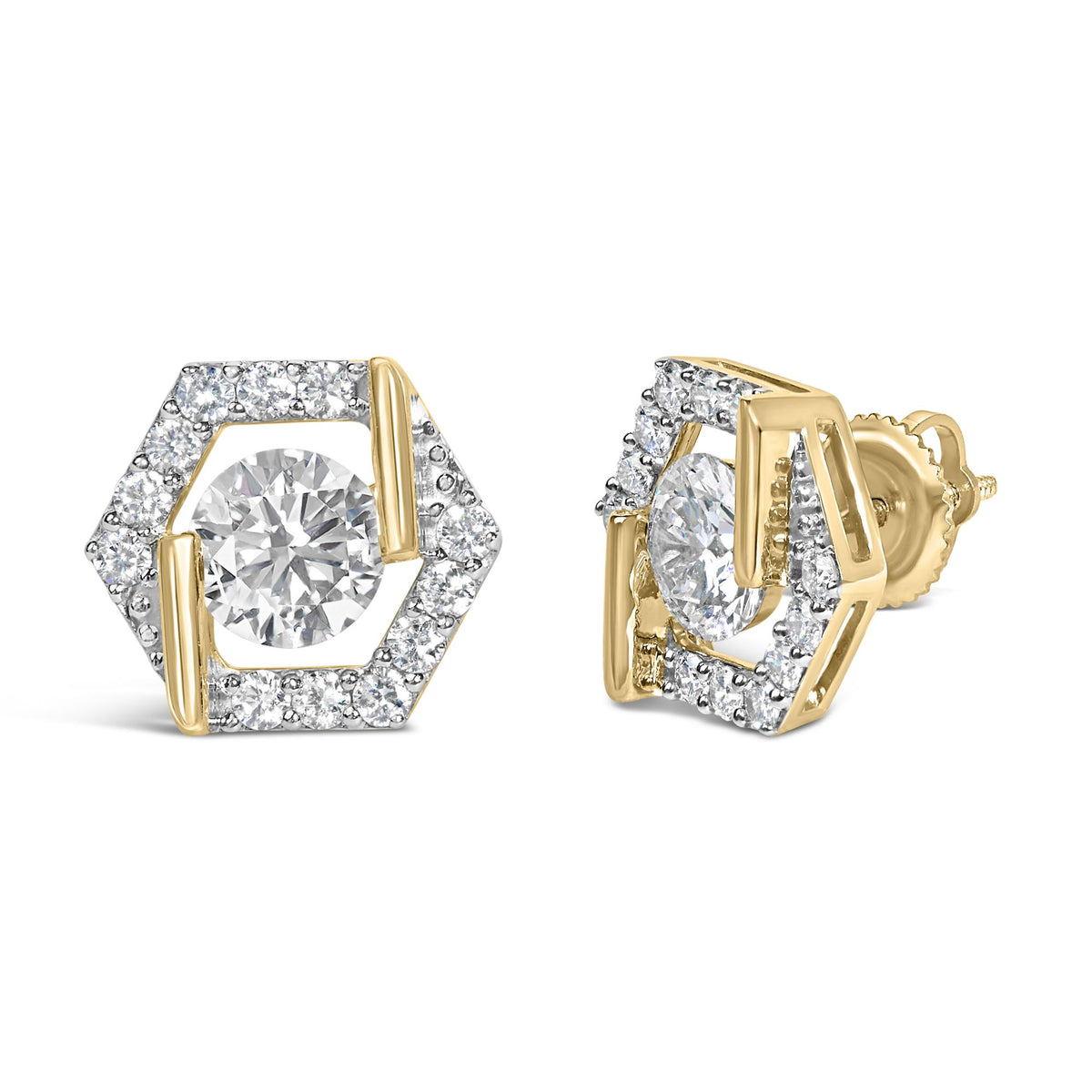 10K Yellow Gold Plated .925 Sterling Silver 2.0 Cttw Lab Grown Diamond Hexagon Halo Stud Earrings