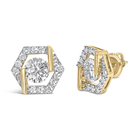 10K Yellow Gold Plated .925 Sterling Silver 2.0 Cttw Lab Grown Diamond Hexagon Halo Stud Earrings