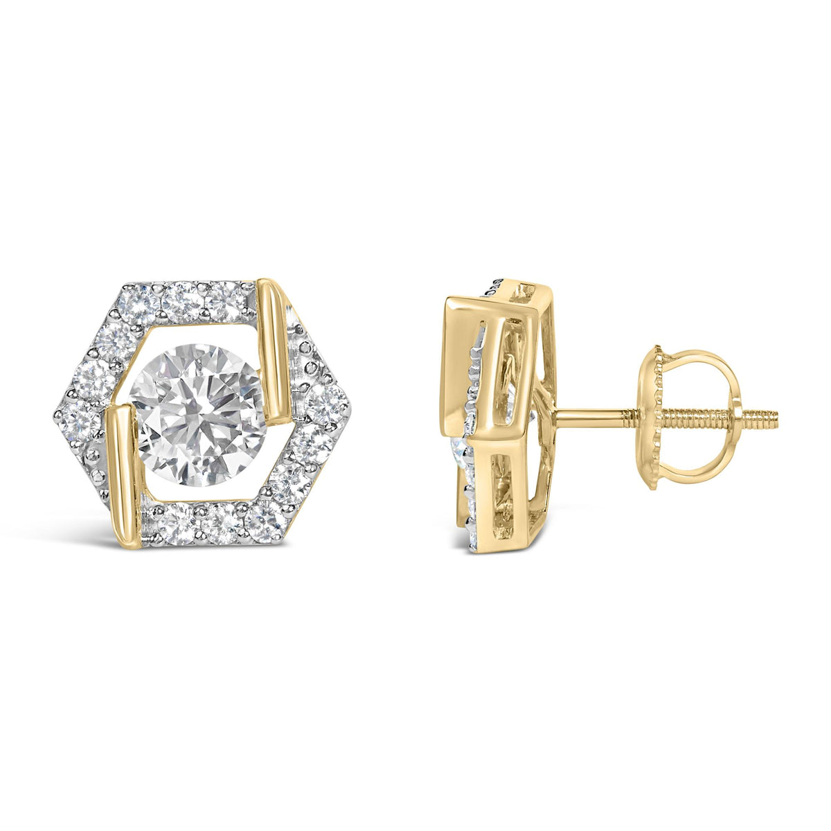 10K Yellow Gold Plated .925 Sterling Silver 2.0 Cttw Lab Grown Diamond Hexagon Halo Stud Earrings