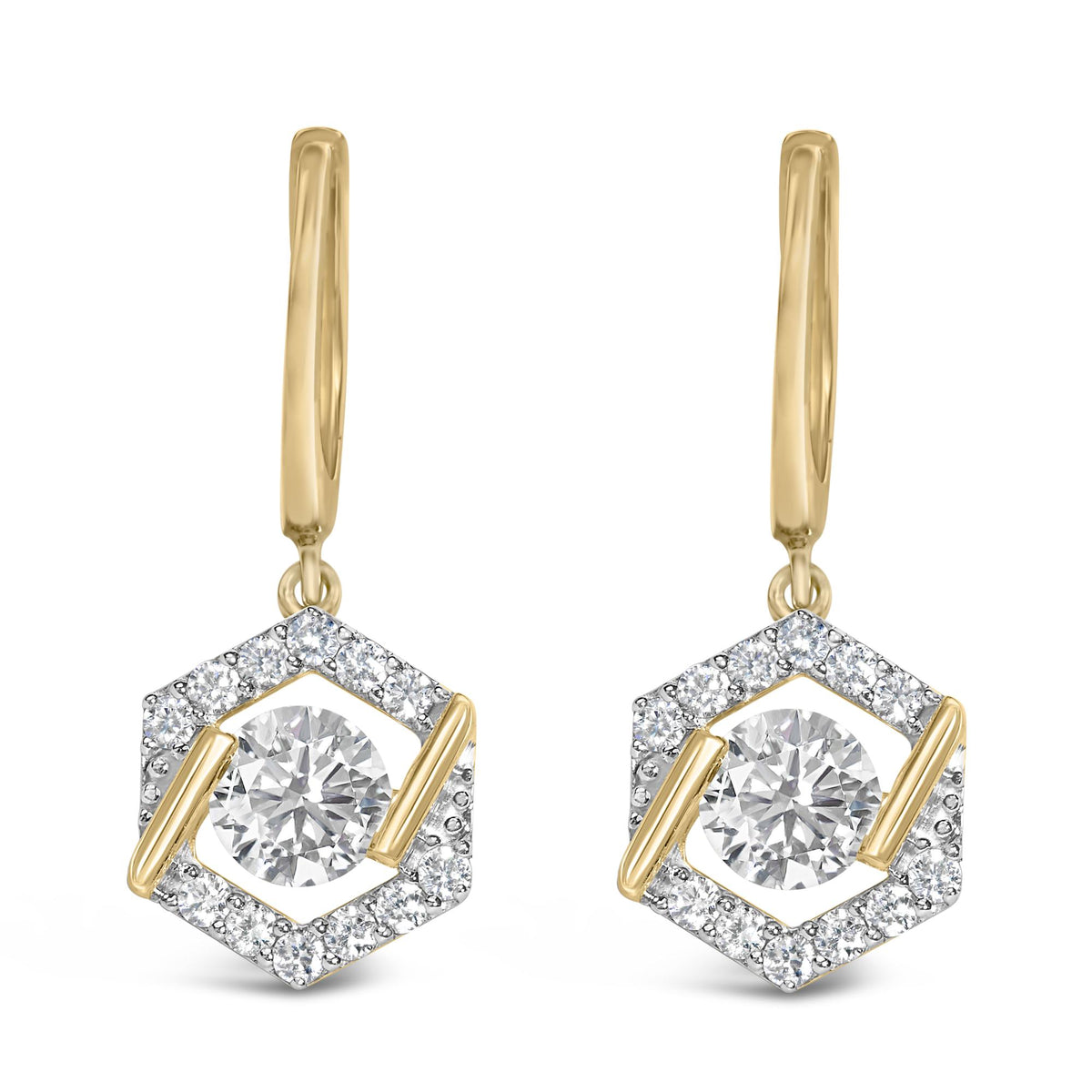 10K Yellow Gold Plated .925 Sterling Silver 2.0 Cttw Lab Grown Diamond Hexagon Halo Drop Earrings