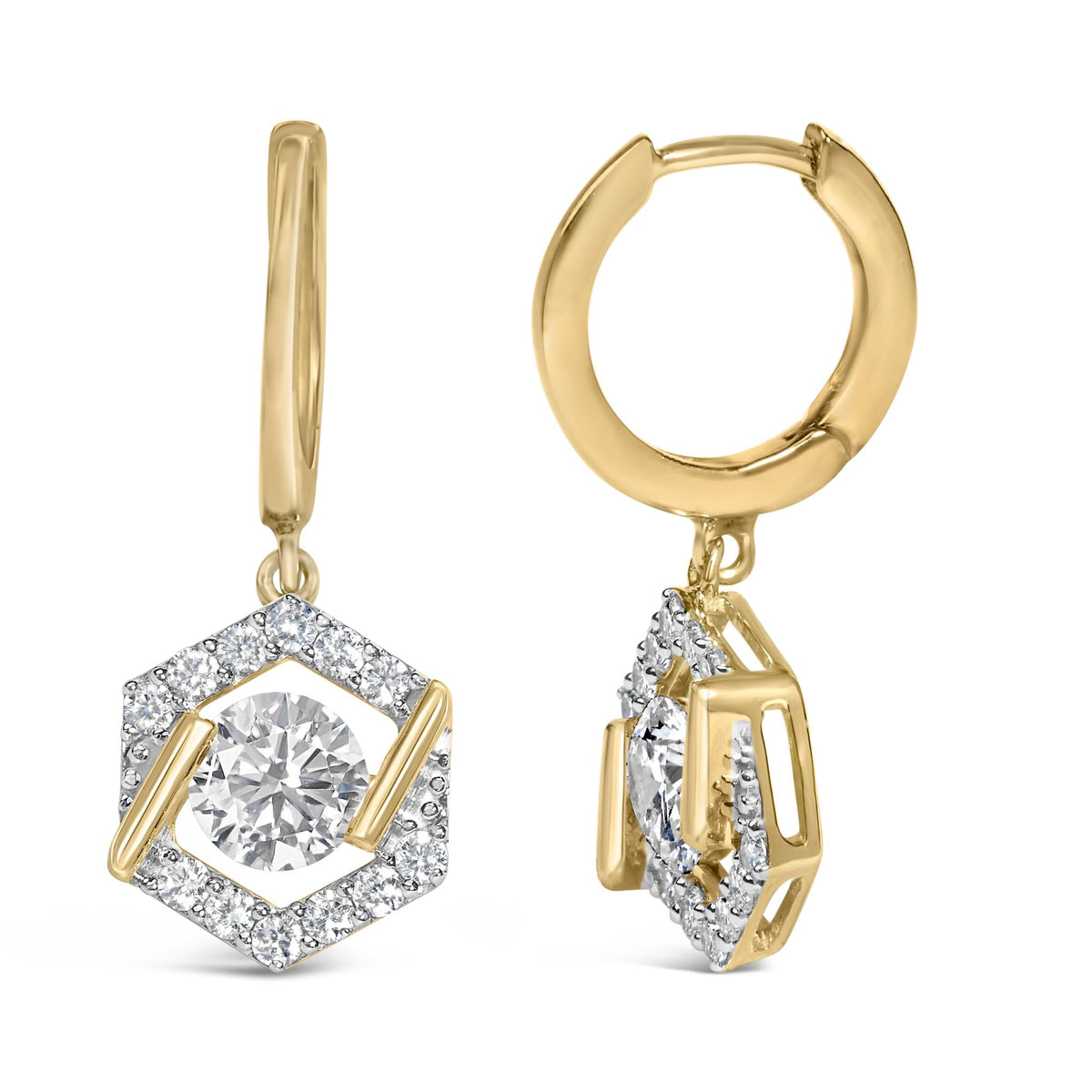 10K Yellow Gold Plated .925 Sterling Silver 2.0 Cttw Lab Grown Diamond Hexagon Halo Drop Earrings