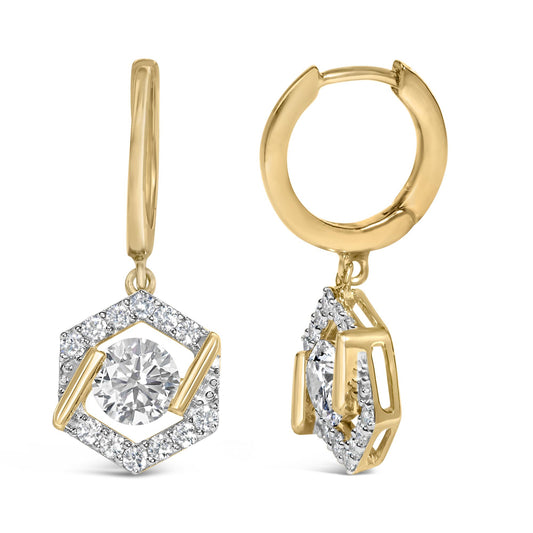 10K Yellow Gold Plated .925 Sterling Silver 2.0 Cttw Lab Grown Diamond Hexagon Halo Drop Earrings