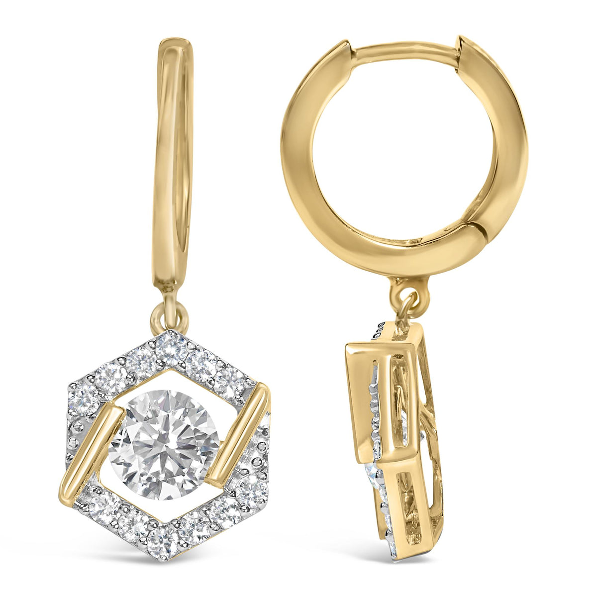 10K Yellow Gold Plated .925 Sterling Silver 2.0 Cttw Lab Grown Diamond Hexagon Halo Drop Earrings
