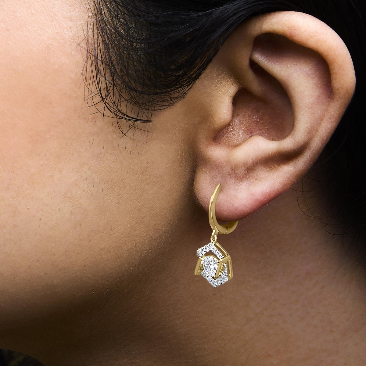 10K Yellow Gold Plated .925 Sterling Silver 2.0 Cttw Lab Grown Diamond Hexagon Halo Drop Earrings