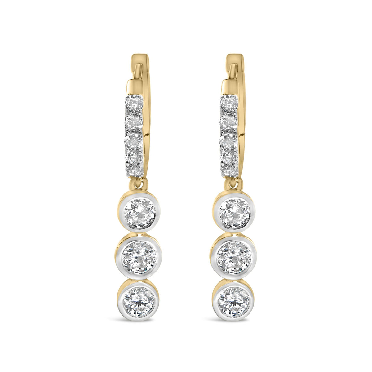 Close-up front view of a pair of yellow metal earrings featuring multiple round white gemstones in prong and bezel settings along the vertical length.