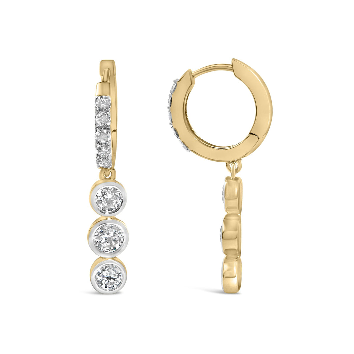 Close-up front and side angle of yellow metal hoop earrings with multiple white round gemstones in prong and bezel settings along the front, shown on a white background.