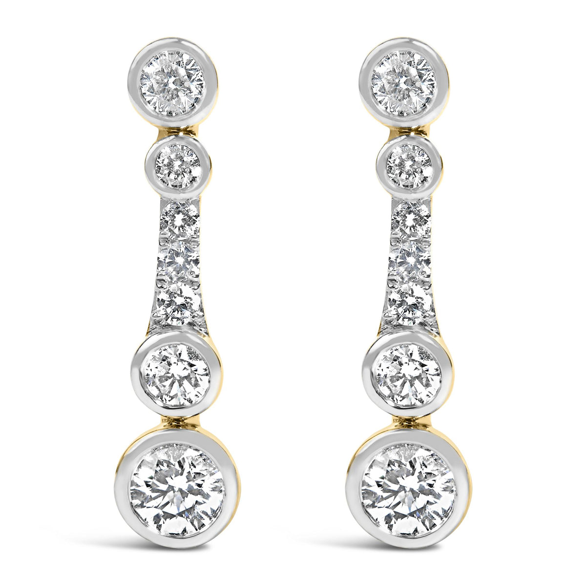 Close-up front view of a pair of yellow metal earrings featuring multiple round white gemstones, some bezel set and others prong set, arranged vertically.
