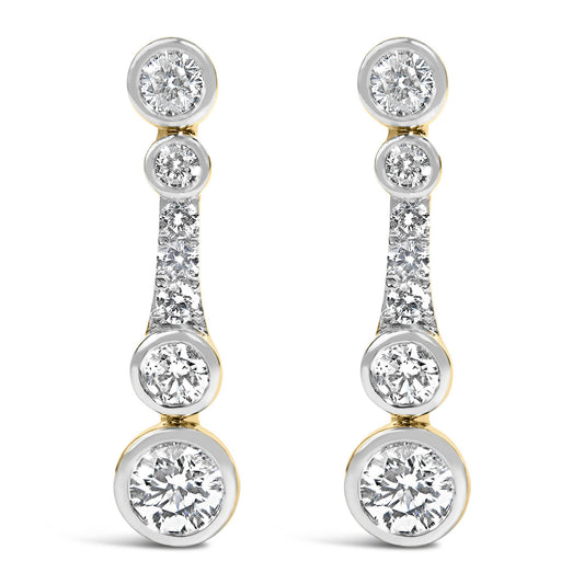 Front view of 14K yellow gold plated sterling silver lab grown diamond flower drop earrings with round diamonds on white background