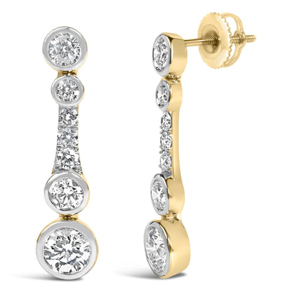 Close-up front and side view of a yellow metal earring featuring a vertical row of round white gemstones in bezel and prong settings, shown on a white background.