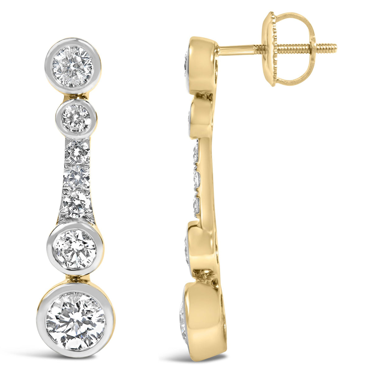 Close-up front and side views of a yellow metal earring with round white gemstones in bezel and prong settings arranged vertically.