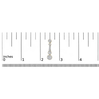 Close-up image of a yellow metal earring shown on a scale, featuring multiple round white gemstones in bezel and prong settings arranged vertically.