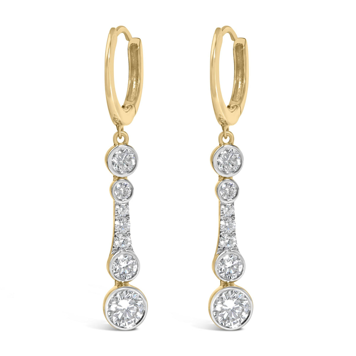 Close-up front view of a pair of yellow metal earrings featuring multiple round white gemstones in bezel and prong settings arranged vertically.