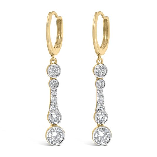 Front view of 10K yellow gold plated .925 sterling silver lab grown diamond dangle earrings with bezel settings on white