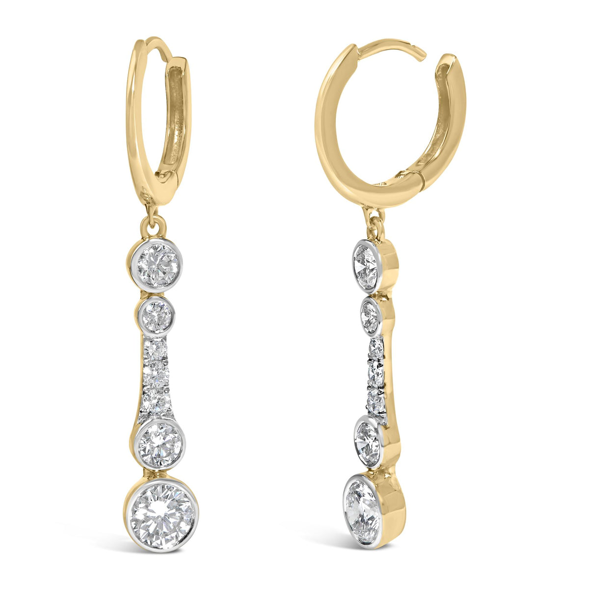 Close-up front angle of yellow metal hoop earrings with multiple round white gemstones in bezel and prong settings, shown without a model or scale.