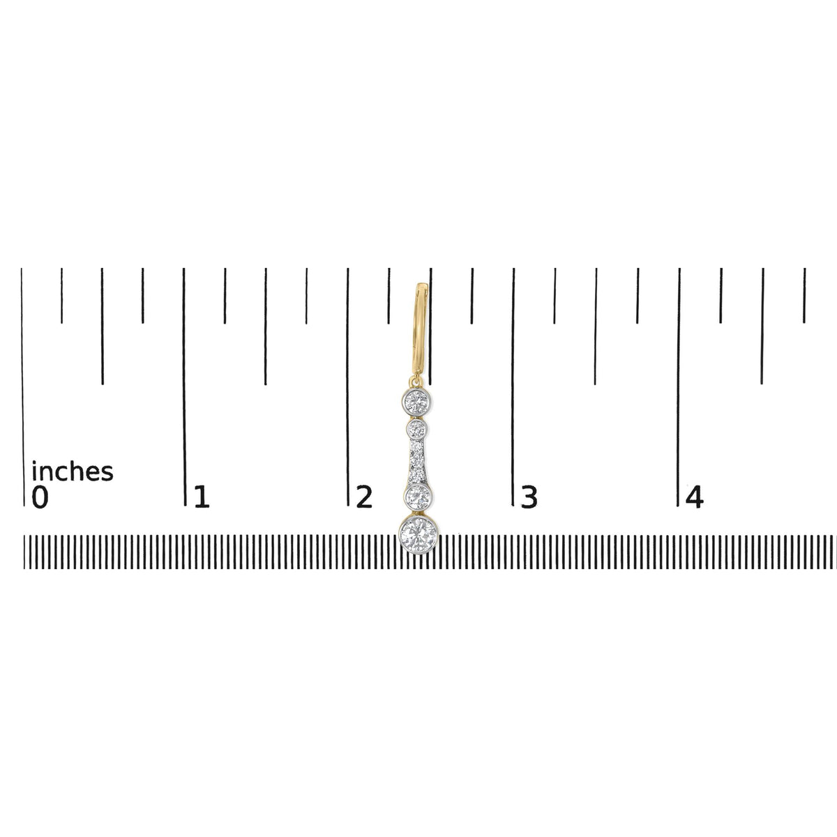 Close-up front view of a yellow metal earring with a series of round white gemstones in bezel and prong settings shown on a ruler scale.