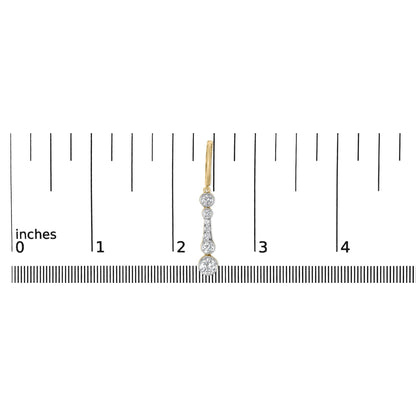 Close-up front view of a yellow metal earring with a series of round white gemstones in bezel and prong settings shown on a ruler scale.