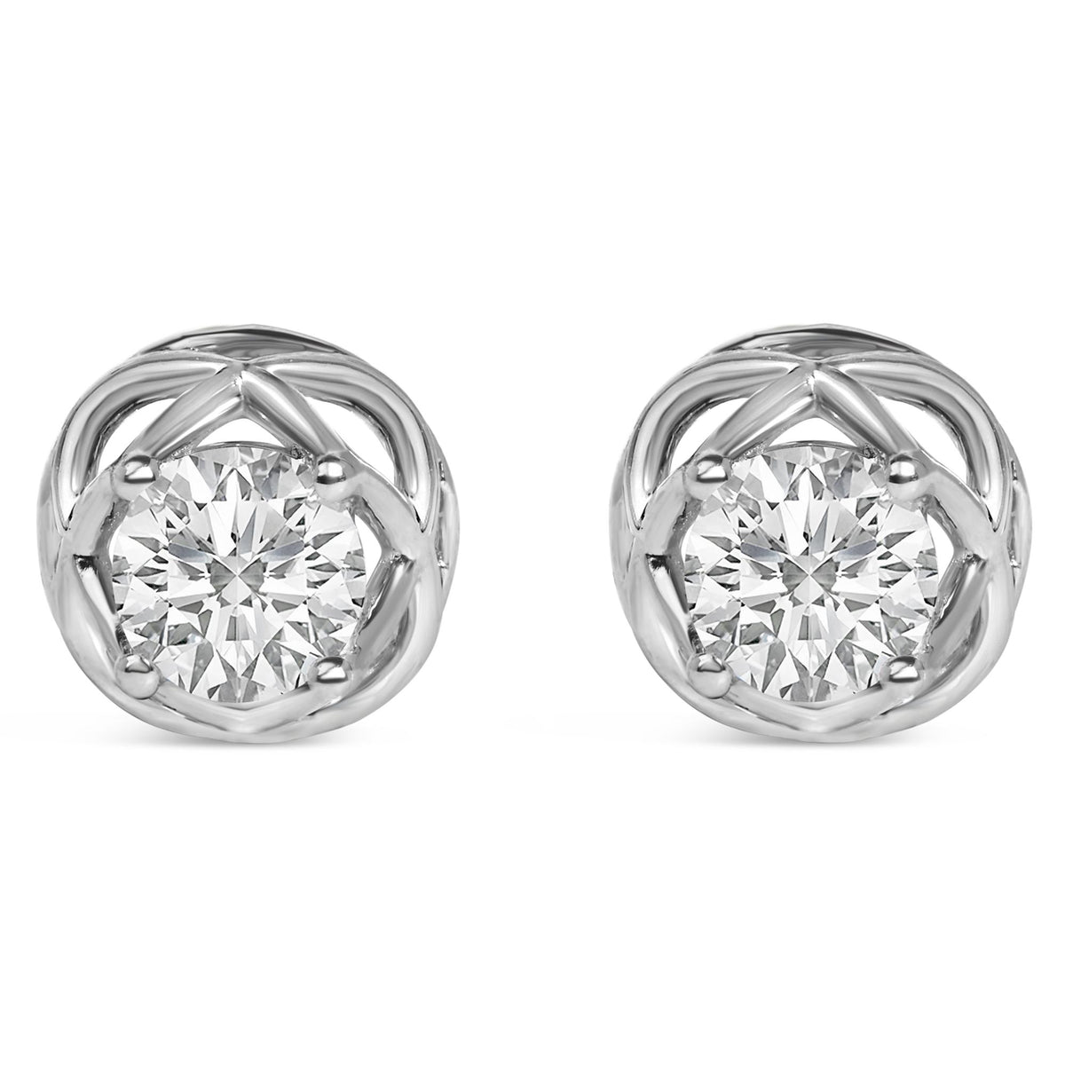 Close-up front view of a pair of white metal round stud earrings with white gemstones in prong settings.