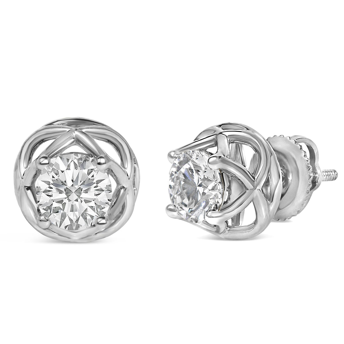 Close-up front and side view of a pair of white metal earrings displaying round white gemstones in a prong setting.