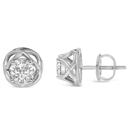 Close-up front and side view of white metal round gemstone earrings with prong settings and screw-back closures, shown on a white background.