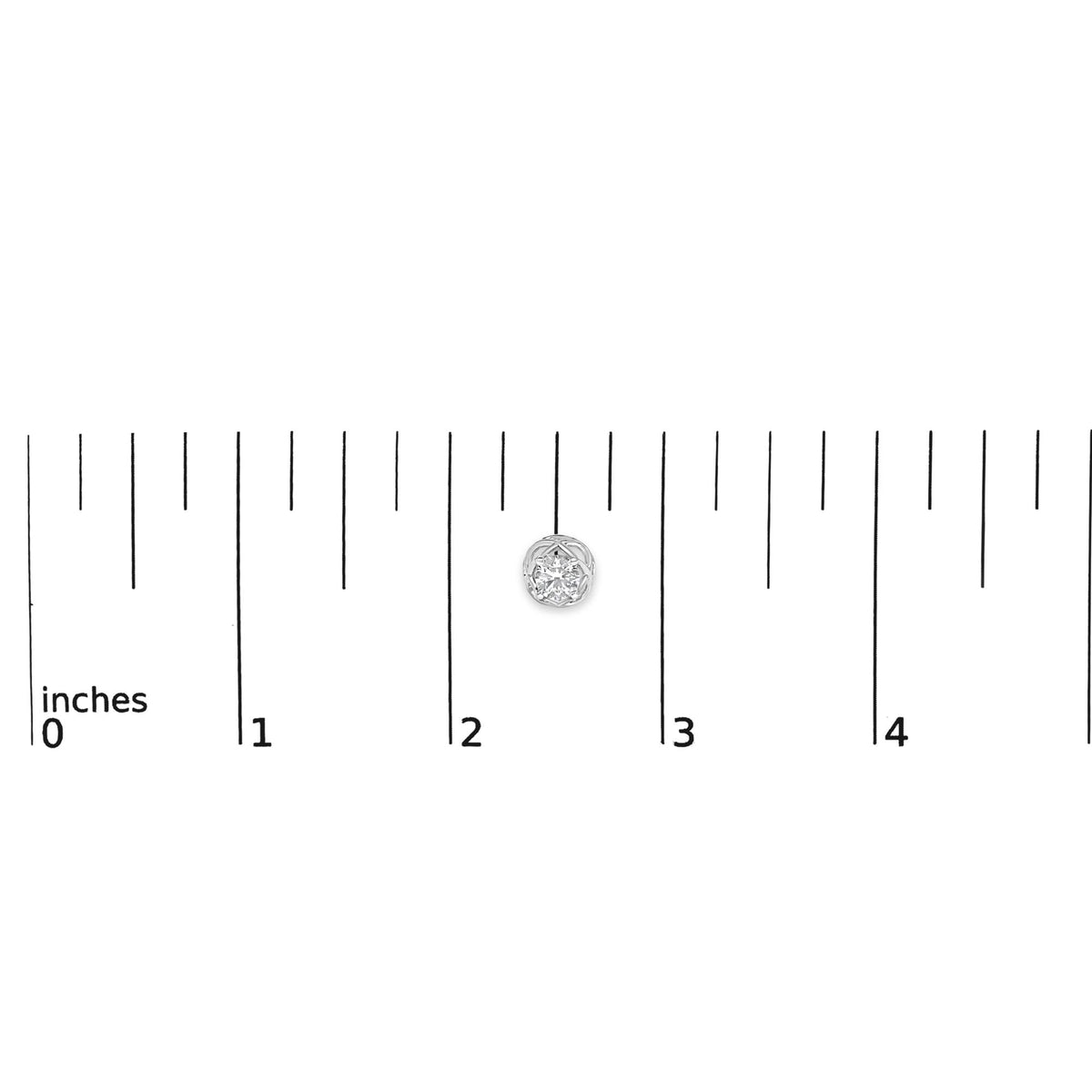 Single white metal earring with a round white gemstone in a prong setting, shown on a ruler scale, top front angle.