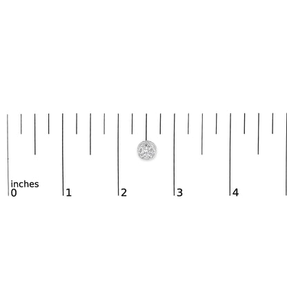 Single white metal earring with a round white gemstone in a prong setting, shown on a ruler scale, top front angle.