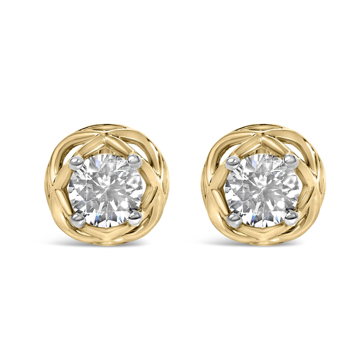Close-up front view of round white gemstone earrings in a prong setting, surrounded by a yellow metal woven circular design, shown on a white background.
