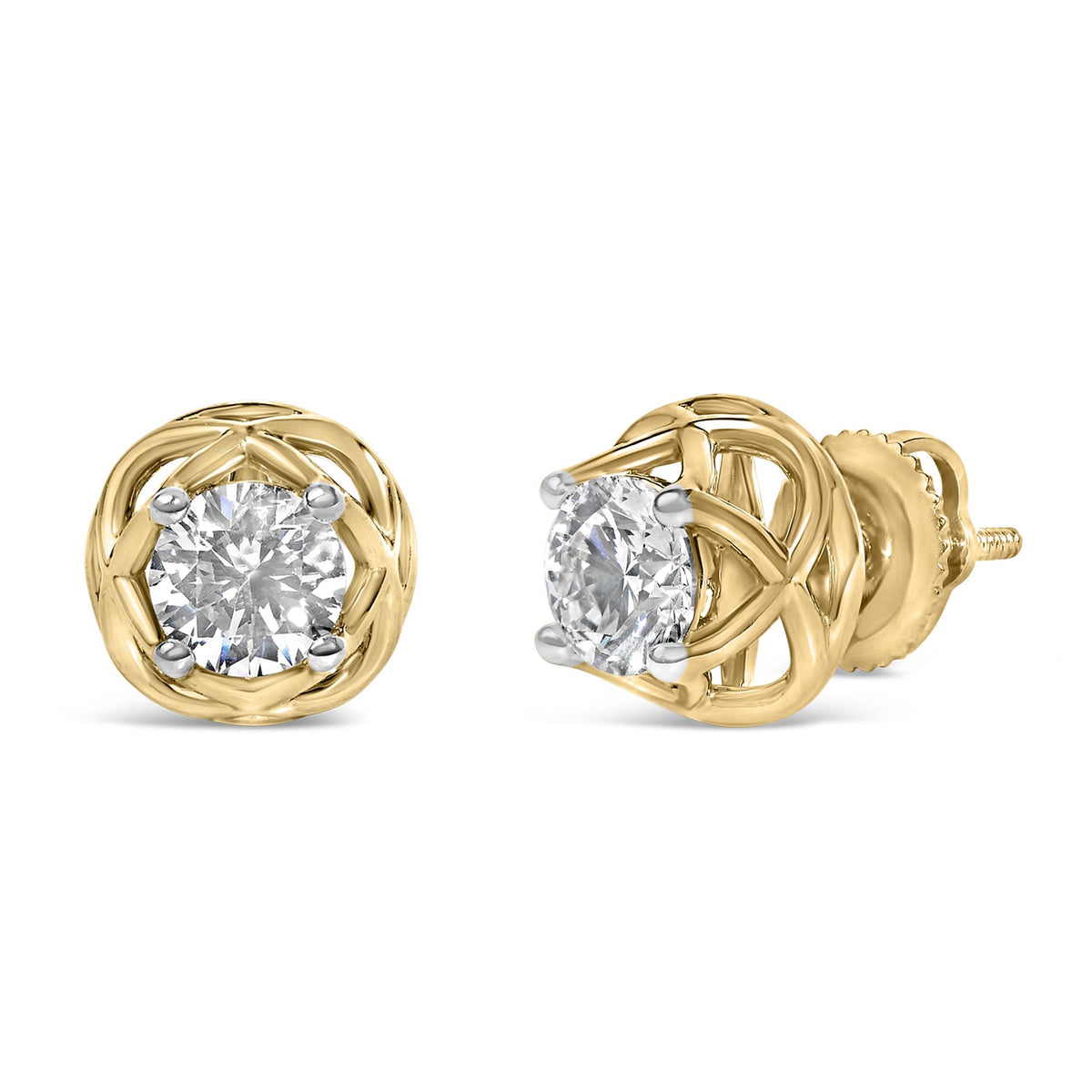 Pair of yellow metal stud earrings with round white gemstones in prong settings, shown from a slight top angle.
