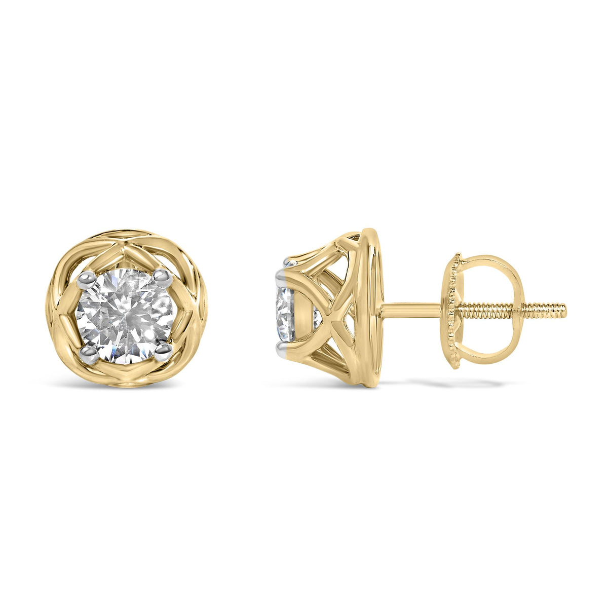 Pair of yellow metal earrings with round white gemstones in prong settings, shown in front and side angles on a white background.