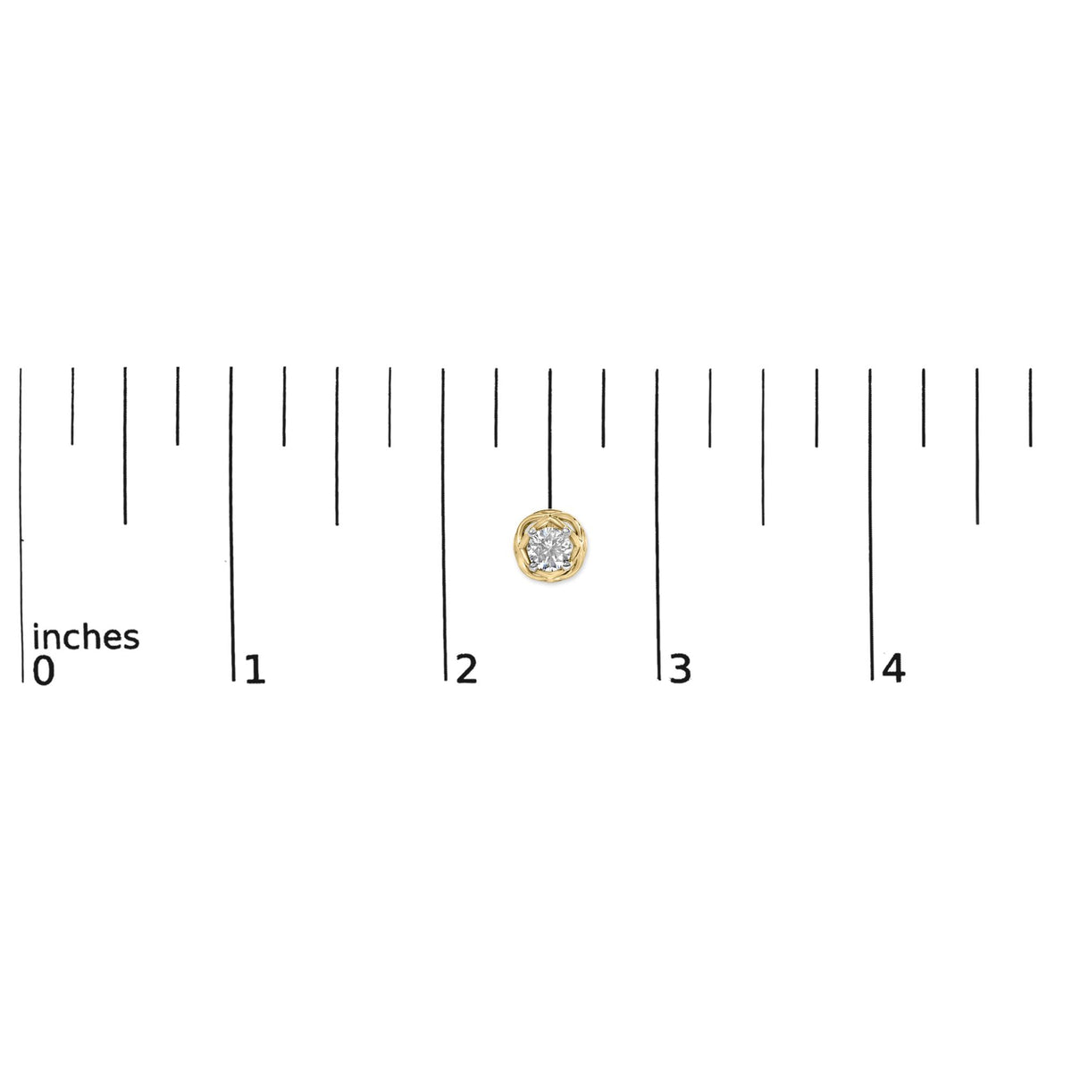 Close-up front view of a single yellow metal earring with a round white gemstone in a prong setting, shown on a scale.