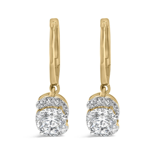 Front view of 14K yellow gold plated sterling silver rose motif drop earrings with lab-grown diamond clusters on white background
