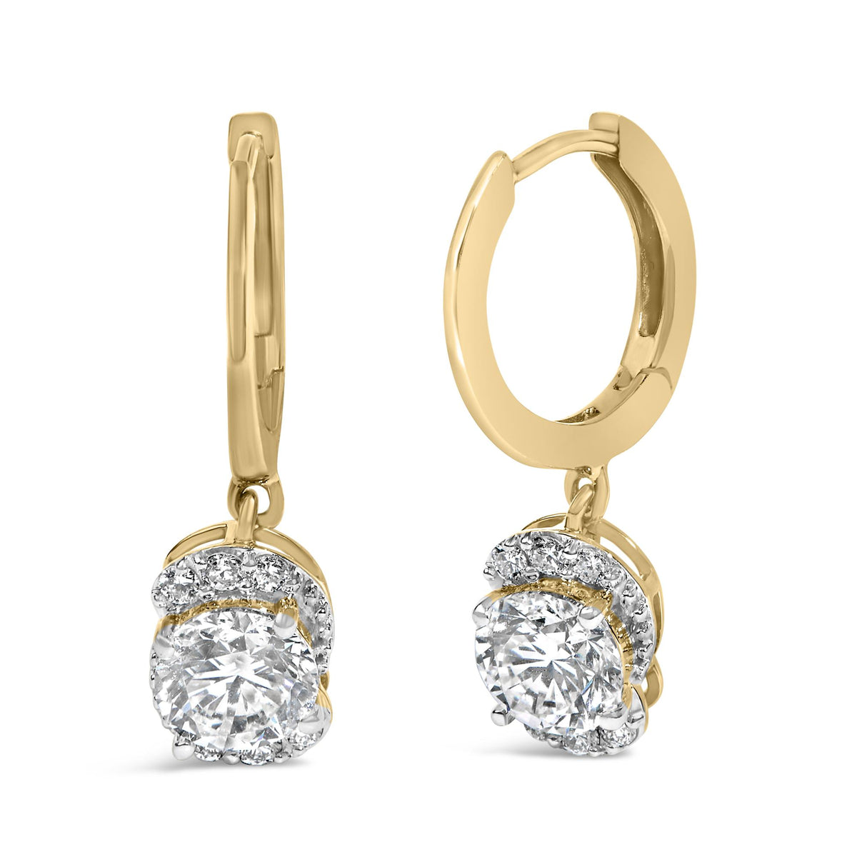 Close-up front view of yellow metal hoop earrings with a hanging oval-shaped setting featuring multiple white gemstones in prong settings.