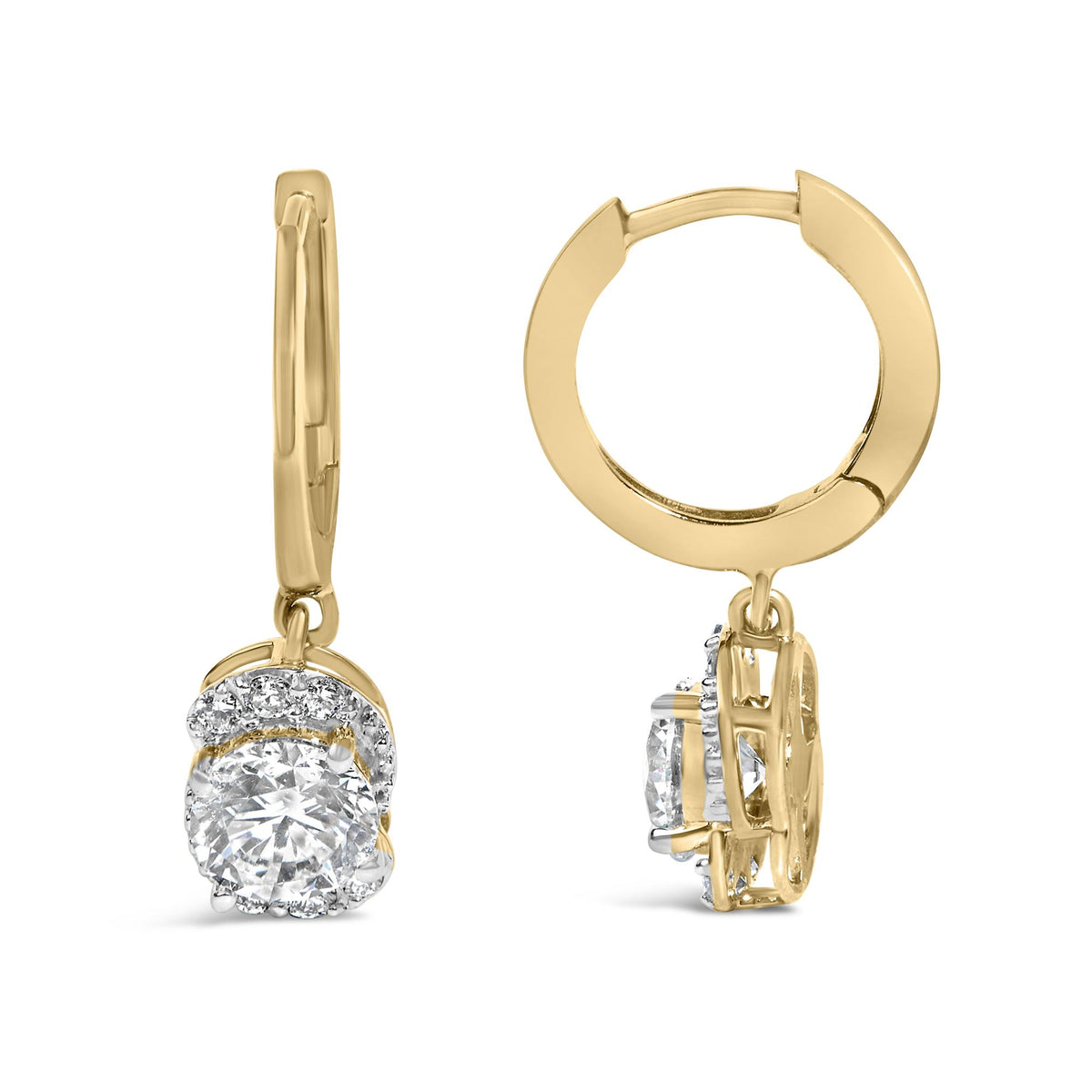 Close-up front and side view of yellow metal hoop earrings featuring a central round white gemstone surrounded by smaller white gemstones in a prong setting, shown against a white background.