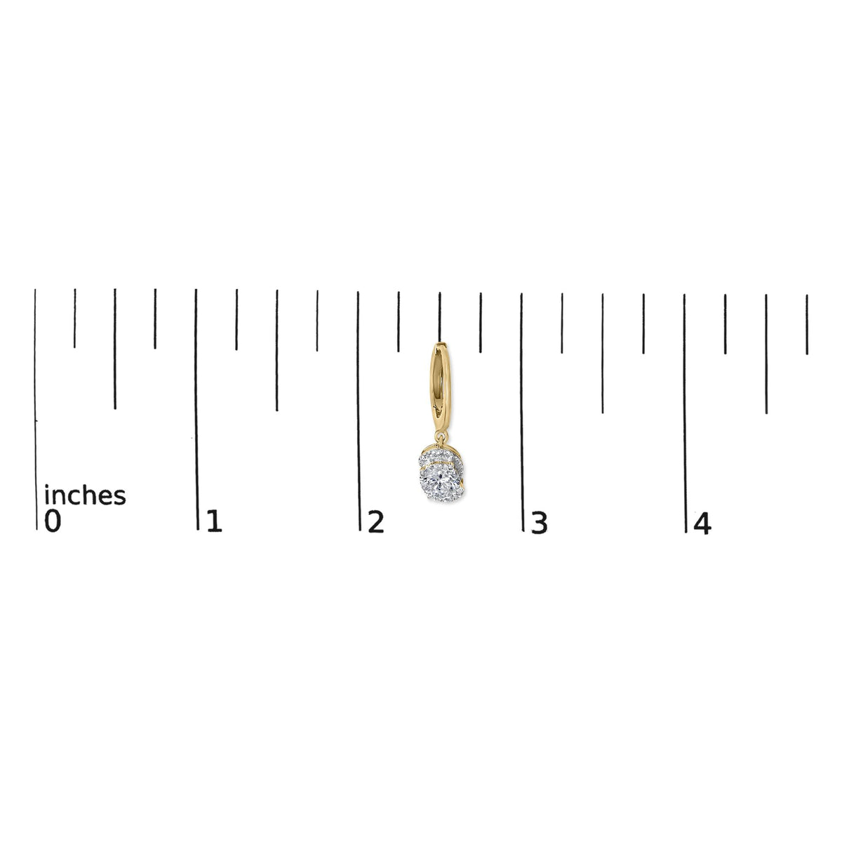 Single yellow metal earring with a dangling circular element featuring white gemstones, shown on a ruler for scale, front view.