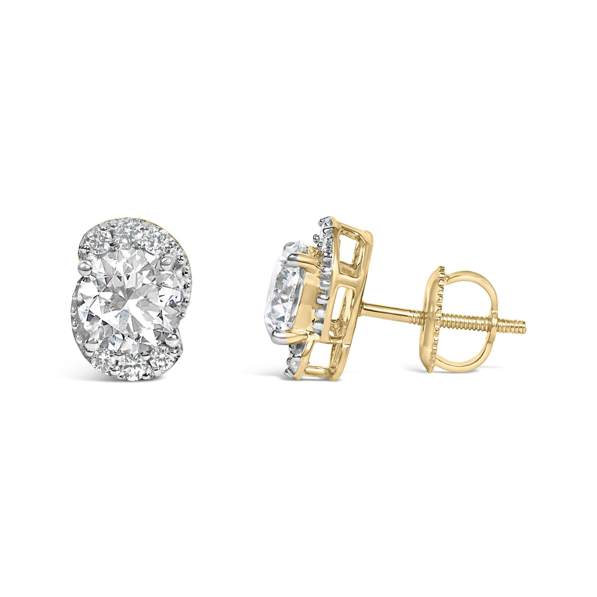 Close-up image of a pair of yellow metal earrings with a central round white gemstone surrounded by smaller round white gemstones in prong settings, shown from a front and side angle on a white background.