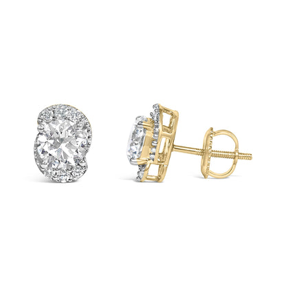 Close-up image of a pair of yellow metal earrings with a central round white gemstone surrounded by smaller round white gemstones in prong settings, shown from a front and side angle on a white background.