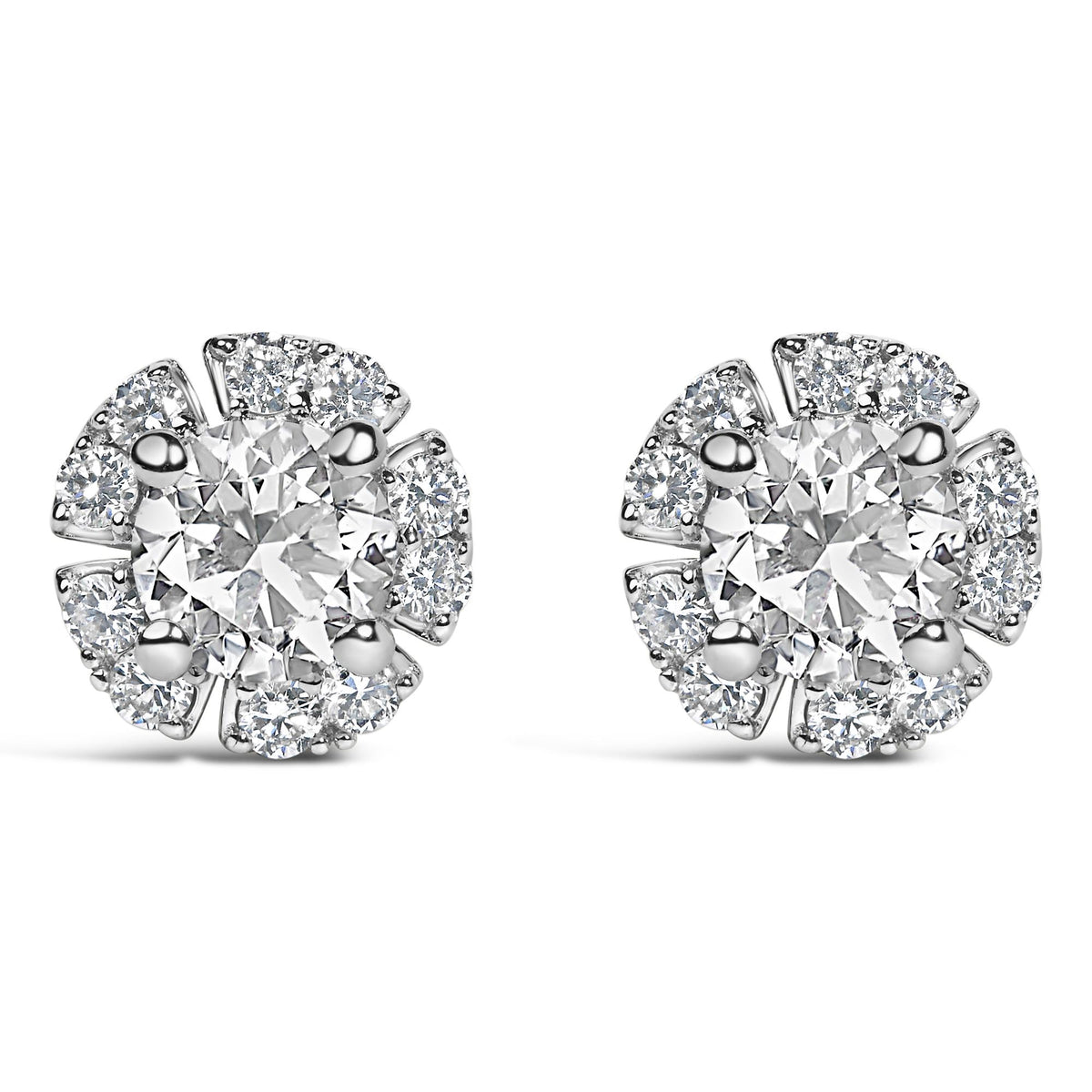 Angled view of lab-grown diamond floral halo stud earrings in two-tone plated sterling silver