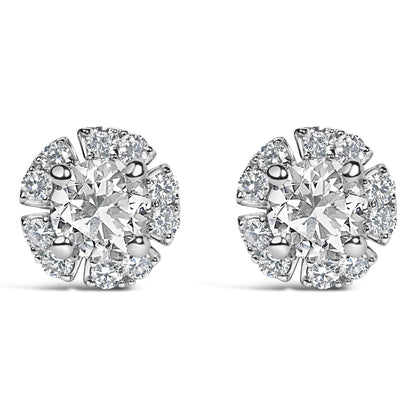 Angled view of lab-grown diamond floral halo stud earrings in two-tone plated sterling silver