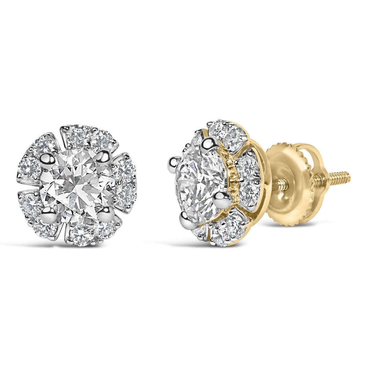 Front view of 10K yellow gold-plated sterling silver floral halo stud earrings with lab-grown diamonds