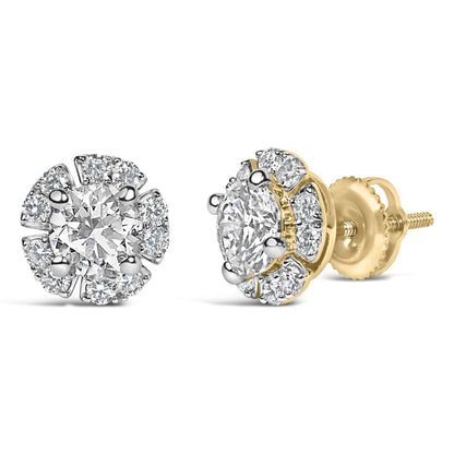 Front view of 10K yellow gold-plated sterling silver floral halo stud earrings with lab-grown diamonds