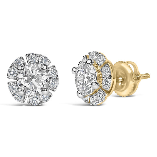 Front and side views of 10K yellow gold plated sterling silver 2.0 CTTW lab-grown diamond floral halo stud earrings on white