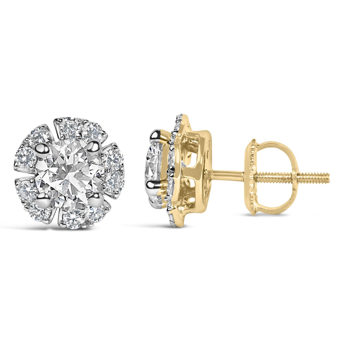 Side view of floral halo stud earrings showing the open gallery and screw-back posts